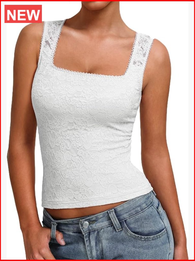 Double Lined Square Neck Lace Tank Top Slim Fit Going Out Tops